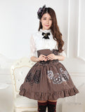 Women's Steampunk Skirt High Waist Brown Gear Printed Striped A Line Lolita Skirt with Ruffles
