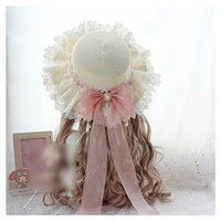 Sweet Lolita Straw Sunhat Mori Girl Caps with Lace & Bowknot Beach Summer Hat