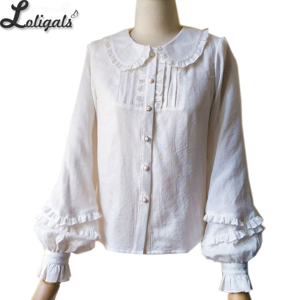 Sweet Mori Girl Lolita Blouse Pink/White Long Sleeve Peter Pan Collar Top