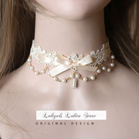 Sweet Lolita Chocker Necklace Cute Bowknot Chocker with Beaded Chain