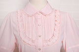 Sweet Girl's Chiffon Blouse Pink Long Puff Sleeve Women's Shirt with Ruffles