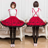 Sweet Mori Girl Deep Red Birdcage Printed Short Suspender Skirt for Summer