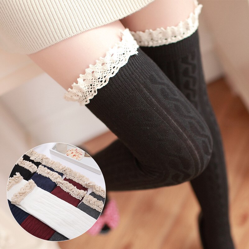 Cute Twist Pattern Cotton Thigh High Stockings Lace Trimmed Over