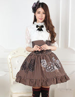 Women's Steampunk Skirt High Waist Brown Gear Printed Striped A Line Lolita Skirt with Ruffles