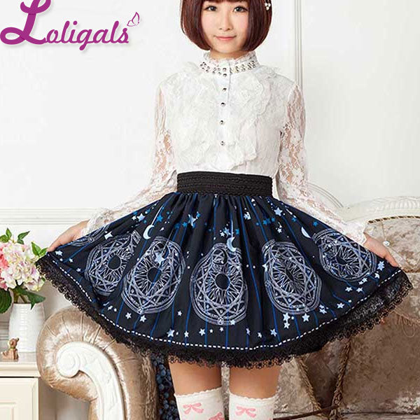 Women's Cute Circle Skirt Deep Blue Star and Moon Printed Short Mori Girl Skirt with Lace Trimming