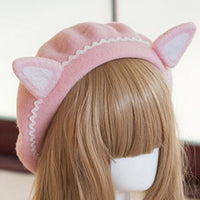 Lovely Women's Cat Ear Berets Cute Mori Girl Wool Berets for Winter Pink White