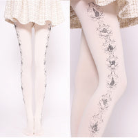 Sweet Women's Patterned Tights Harajuku Castle & Rose Printed Lolita Pantyhose White/Black