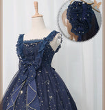 Starry Night ~ Sweet Star Embroidered Long Lolita Dress Navy Blue/White Party Gown
