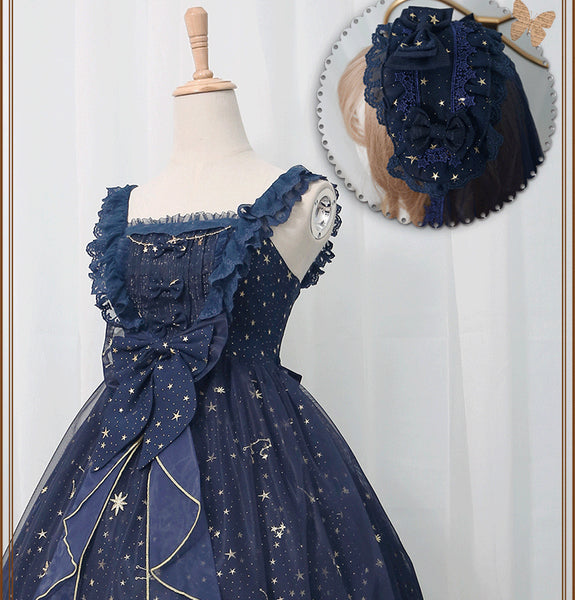 Starry Night Sweet Star Embroidered Long Lolita Dress Navy Blue
