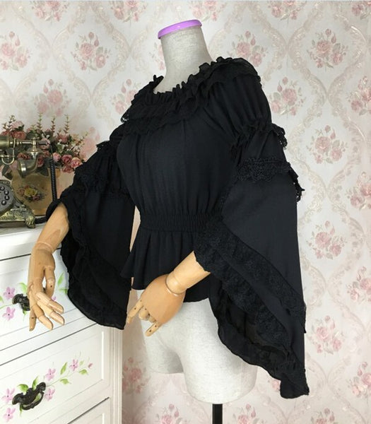 Sweet Women's Long Flare Sleeve Chiffon Blouse Vintage Off the Shoulder Top