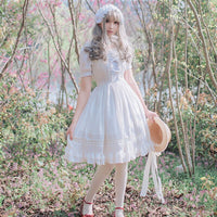 Sweet Short Sleeve Lolita Dress Jacquard Casual White/Black Plaid Dress for Summer