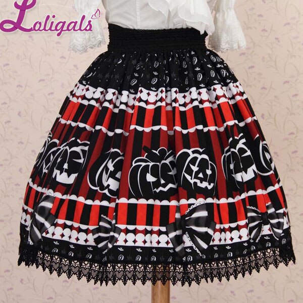 Original Design Lolita Sweet Princess Black Halloween Pumpkin Little Devil Printed Short Skirt