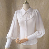 Women's Gothic Chiffon Button Down Blouse White/Black Lolita Shirt with Pointed Collar
