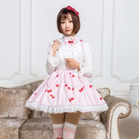 2019 Mori Girl Skirt Sweet Pink Cherry Printed Striped Short Suspender Skirt for Summer