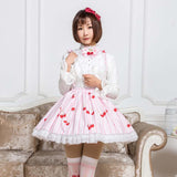 2019 Mori Girl Skirt Sweet Pink Cherry Printed Striped Short Suspender Skirt for Summer
