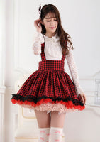 Sweet Japanese Style Super Adorable Red and Black Plaid Pleated Lace Jumper Skirt for Girl