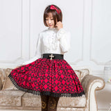 Sweet Deep Red Diamond Checkered Skirt Mori Girl Short Skirt with Lace Trimming