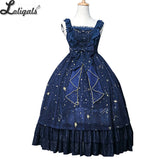 Starry Night ~ Sweet Star Embroidered Long Lolita Dress Navy Blue/White Party Gown