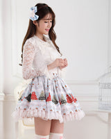 Original Design Sweet Light Blue Christmas Tree and Star Printed Girl's Lolita Pleated Skirt with Lace Trimming
