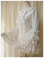 Vintage Thick Women's Cream Chiffon Blouse with Gorgeous Lace Flare Sleeve by Yiliya