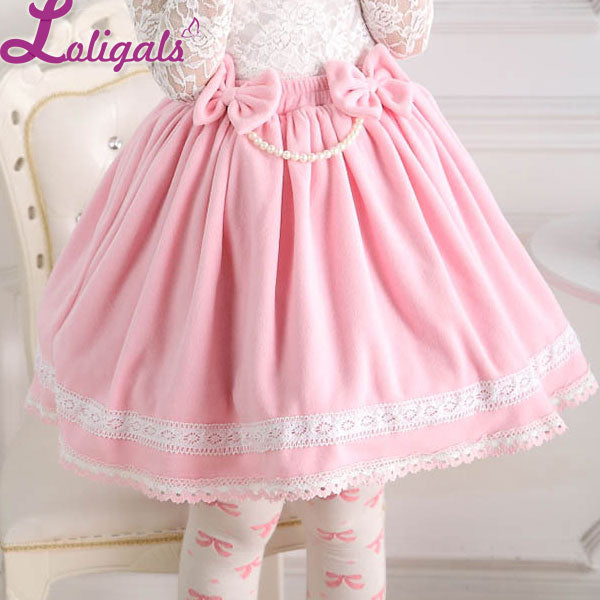 Sweet Pink Elastic Waist Pleated Lady's Lolita Skirt with Detachable Bow and Pearl Chain