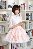 Sweet Short Skirt Pink Lilyand Butterfly Printed Lady's Lolita Skirt with Lace Trimming