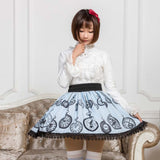 Sweet Mori Girl Light Sky Blue Pocket Watch Printed Short Skirt with Lace Trimming