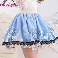 Light Sky Blue Sweet Christmas Reindeer and Tree Printed Lace Lolita Skirt for Lady