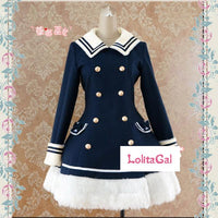 Classic Sailor Uniform Inspired Navy Blue Long Sleeve Double Breasted Metal Button Wool Winter Lolita Coat