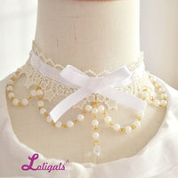 Sweet Lolita Lace Choker with Bowknot Cute Necklace with Beaded Chain