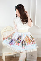 Light Sky Blue Sweet Zodiac Sign Printed Girl's Lovely Pleated Short Lolita Skirt with Lace Trimming