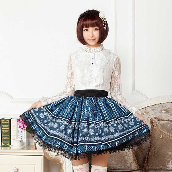 Original Design Rococo Style Blue Lace Snowflakes Printed Short Lolita Pleated Skirt for Lady