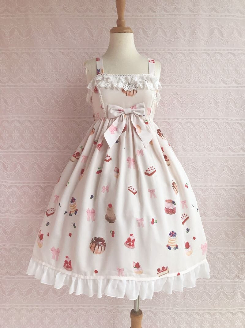 white christmas dresses Sweet Strawberry and Desert Printed Lolita Casual JSK Dress Sleeveless  Chiffon Midi Dress by Yiliya