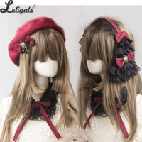 Gothic Burgundy Lolita Headpiece Corduroy Headwear & Beret