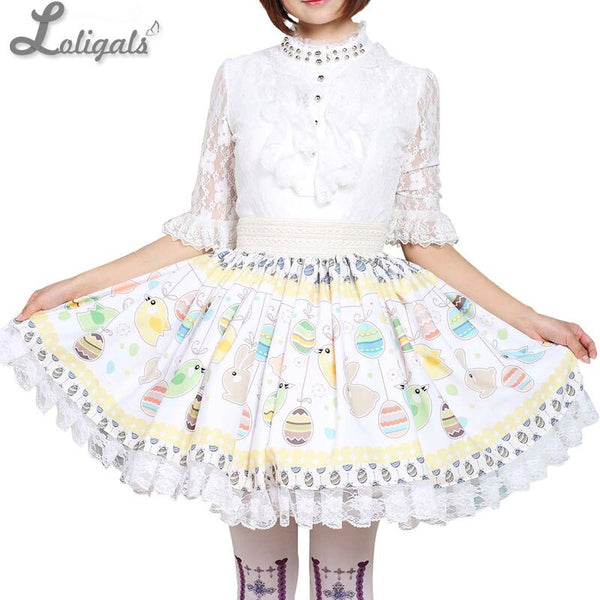 Lovely Mori Girl Skirt Cute Easter Eggs and Rabbits Printed Lolita Pleated Skirt with Lace Trimming