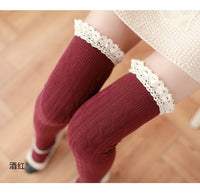 Cute Twist Pattern Cotton Thigh High Stockings Lace Trimmed Over Knee Stockings 5 Colors