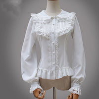 Long Sleeve Girl's Chiffon Blouse with Ruffles Black/White