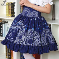 Sweet Mori Girl High Waist Skirt Blue Magic Circle Printed Lolita Short Skirt with Ruffles