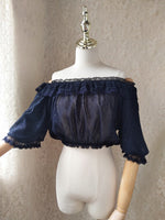 Sweet Women's Off the Shoulder Crop Top Bishop Sleeve Dotted Sheer Chiffon Blouse for Summer