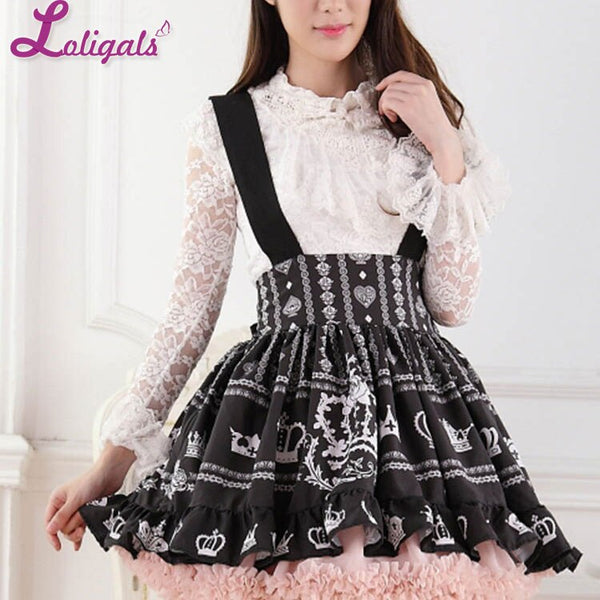 Japanese Style Black Rose and Crown Printed Lolita Pleated Skirt with Ruffles