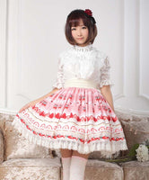 Sweet Pink Lolita Strawberry Printed Lace Pleated Knee Length Skirt for Girl