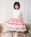 Sweet Pink Lolita Strawberry Printed Lace Pleated Knee Length Skirt for Girl