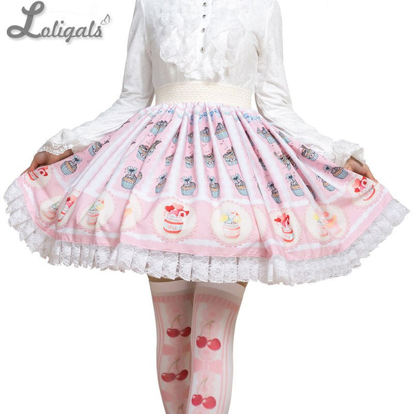 Sweet Pink Cup Cake Printed Short Skirt Kawaii Mori Girl A line Skirt for Women