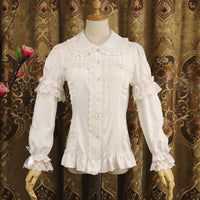 Ladies Short Sleeve Chiffon Blouse White/Black Lolita Button Down Shirt with Detachable Sleeves