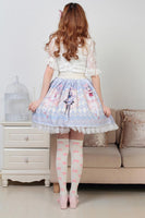 Lovely Sweet Blue Anime Character Printed Pleated Lolita Skirt for Girl with Lace Trimming