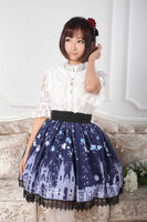 Sweet Dark Blue Church Printed Pleated A Line Skirt with Lace Trims
