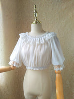 Sweet Women's Off the Shoulder Crop Top Bishop Sleeve Dotted Sheer Chiffon Blouse for Summer