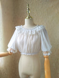 Sweet Women's Off the Shoulder Crop Top Bishop Sleeve Dotted Sheer Chiffon Blouse for Summer