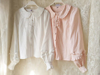 Sweet Mori Girl Lolita Blouse Pink/White Long Sleeve Peter Pan Collar Top