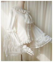 Vintage Thick Women's Cream Chiffon Blouse with Gorgeous Lace Flare Sleeve by Yiliya